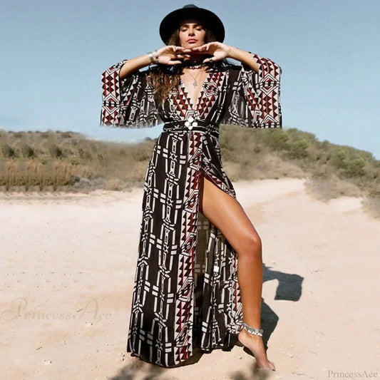 Cotton Rayon Kimono Boho Bikini Cover up Long Sleeve Dark Brown / One Size bohocoverup-250126