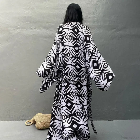 Cotton Rayon Printed Self Belted Maxi Boho Cover up MULTI / One Size bohocoverup-250126