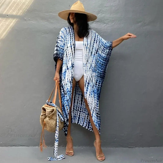 Cotton Rayon Striped Print Cardigan Boho Beach Cover up White blue / One Size bohocoverup-250126