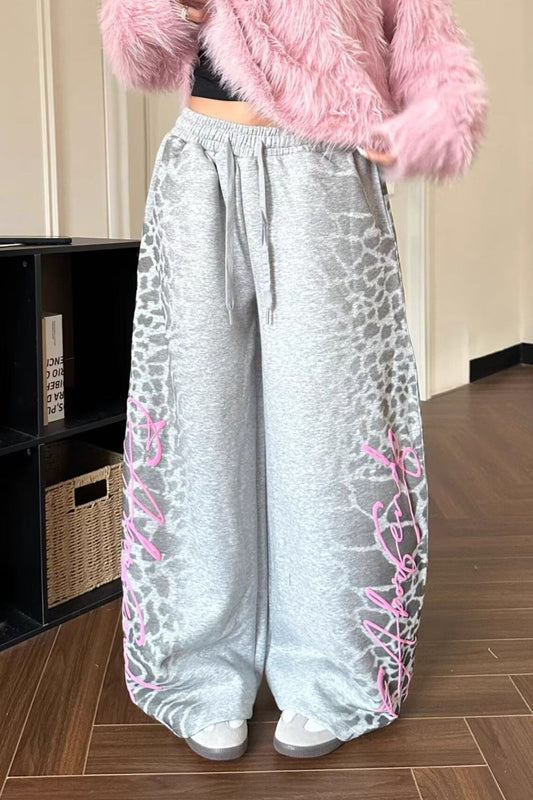 Retro Leopard Letter Embroidered Loose Pants