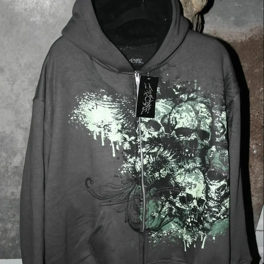 Dark Skull Print Zip Hoodie