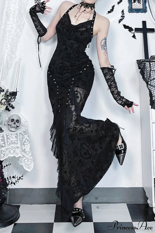 Dark Velvet Drape Gothic Dress Black / S