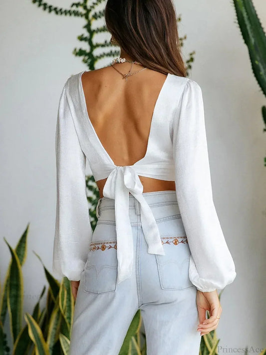 Deep V Cut Out Back Tie Backless Puff Sleeve White Blouse croptop-250126