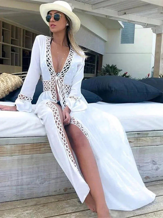 Deep V-Neck Hollow Out Bikini Cover Up WHITE / One Size