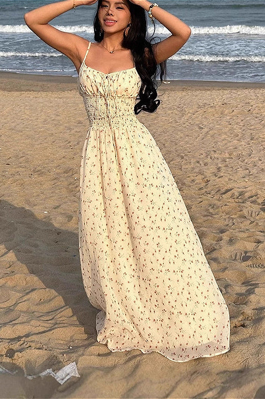 Sexy Smocked V Neck High Waist A Line Maxi Cami Floral Dress