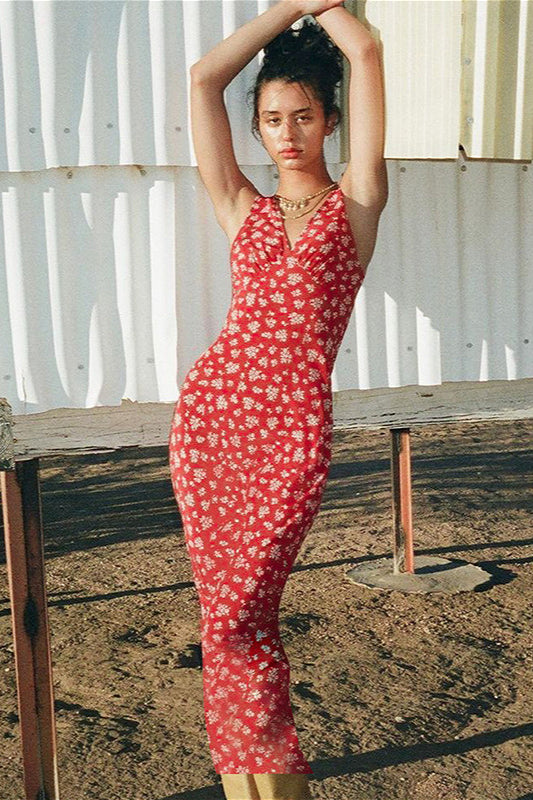 Plunging V Cami Sleeveless Floral Dress