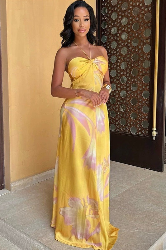 Print Backless Strapless Beach Maxi Dress