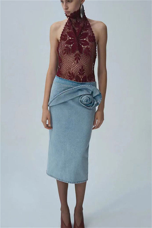 Vintage Ruched Rose Denim Skirt