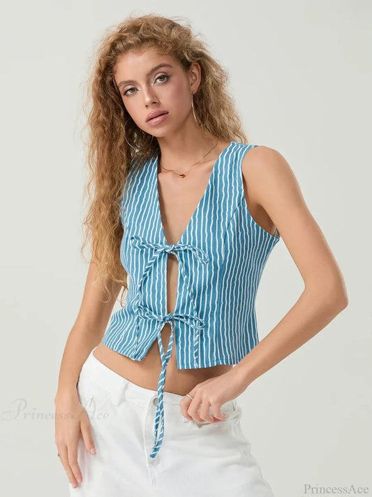 Elegant Bow Tied Front Striped Sleeveless V-neck Crop Tank croptop-250126