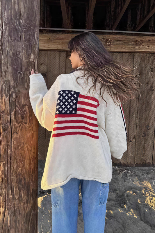 Warm Flag Print Stylish Knit Cardigan