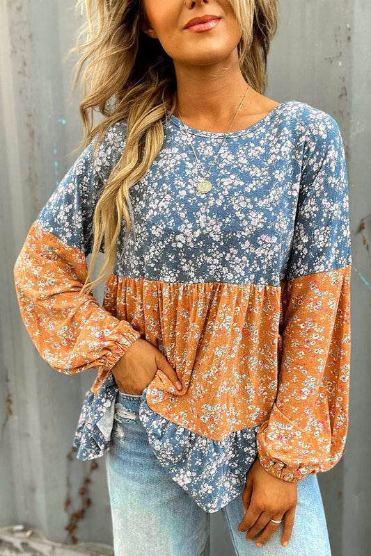 Round Neck Long Sleeve Floral Chiffon Blouse
