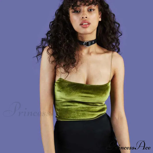 Fashion Spaghetti Straps Velvet Short Crop Sexy Boob Tube Bustier Brief Tank Top Green / One Size