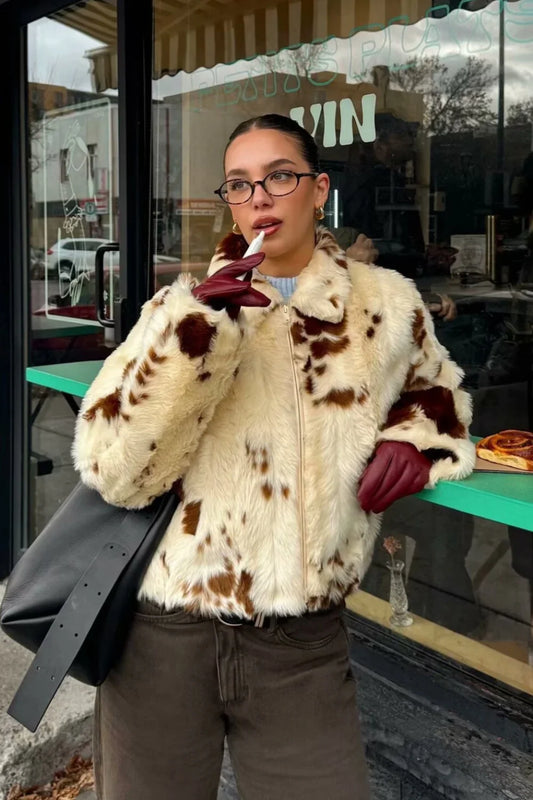 Faux Fur Leopard Print Fuzzy Warm Coat Off-white / S