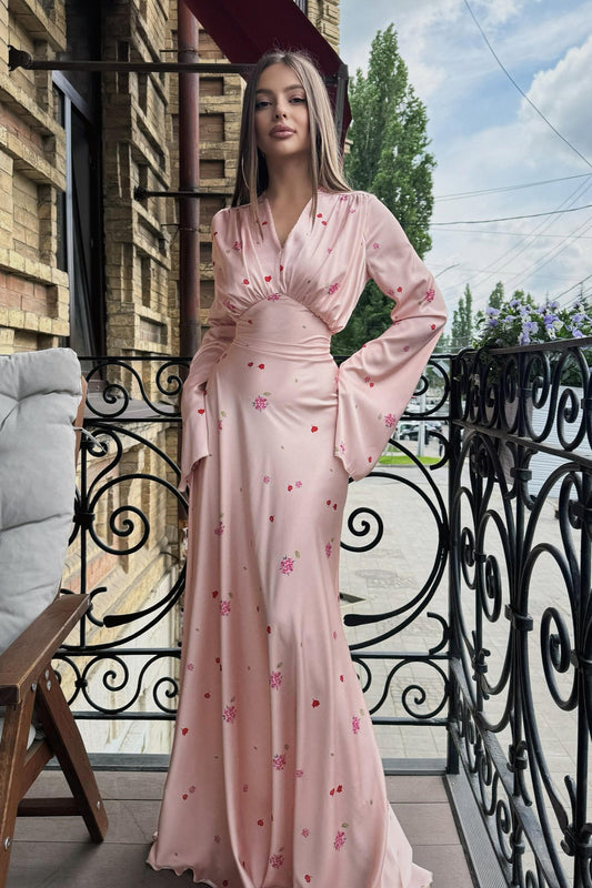 Satin Floral V Neck Flared Hem Maxi Dress