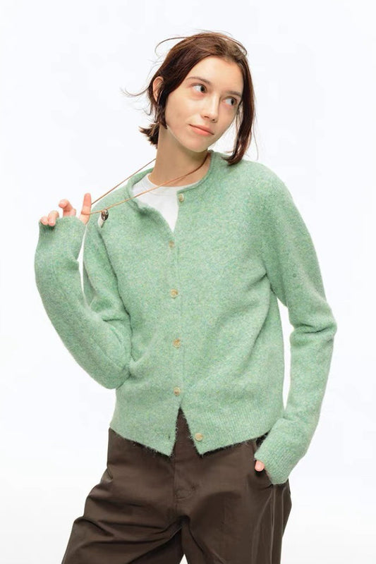 Green Wool Blend Crew Neck Knit Cardigan