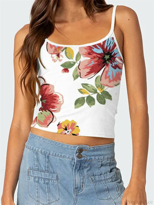 Floral Backless Spaghetti Strap Retro Crop Top WHITE1 / S croptop-250126
