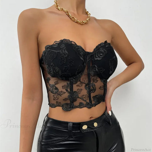 Floral Backless Strapless Sexy Crop Top Black / S croptop-250126