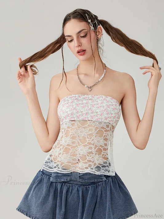 Floral Lace Mesh Sheer Strapless Backless Tie-up Tube Top croptop-250126