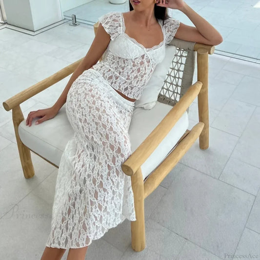 Floral Lace See-Through Short Sleeve Crop Top Long Skirt Two Pieces Set twopiecesset-250126