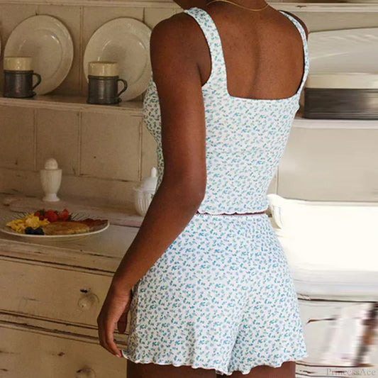 Floral Print Bow Trim Sleeveless Crop Tops Shorts Two Pieces Set twopiecesset-250126