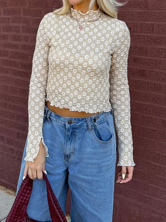 Floral Sheer Mock Neck Long Sleeve Lettuce Hem Crop Top croptop-250126