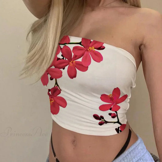 Floral Tube Top Strapless Slim Fit Summer Crop Red / S croptop-250126