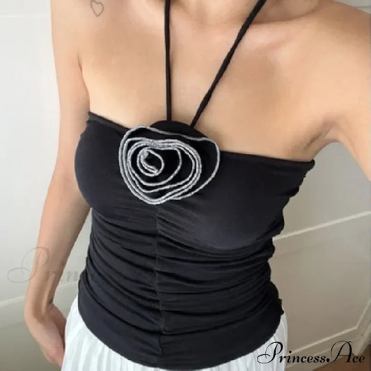 Flower Patchwork Halter Tubes Off Shoulder Backless Tank 2024 Sexy Women Ruched Black Mini Vests