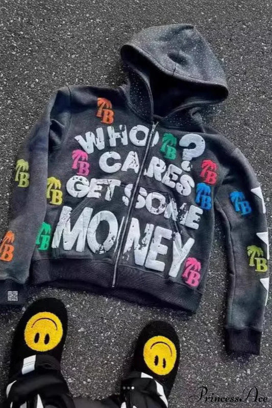Foam Letter Print Hip-Hop Zip Hoodie Black / XS