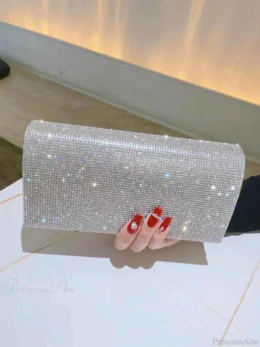 Glitter Rhinestone Clutch Evening Wedding Prom Crossbody Silver clutchbag-250126