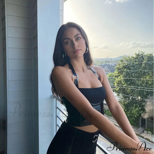 Hanging Neck Sexy Black Nightclub Matte Charm Hot High Street Shrink Gather Women’s Navel Short