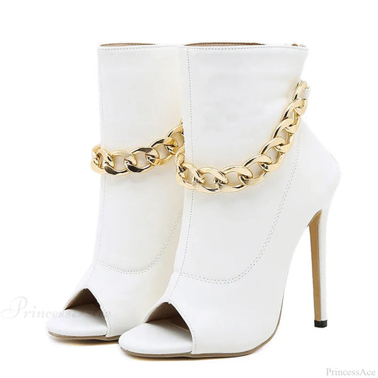 High-Quality White Leather Basic Boots Ankle Sandals Metal-Chain Thin-Heels Peep-Toe Zip Pumps High