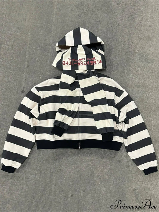 Hip-Hop Double-Layered Hood Graphic Print Hoodie Stripe / S