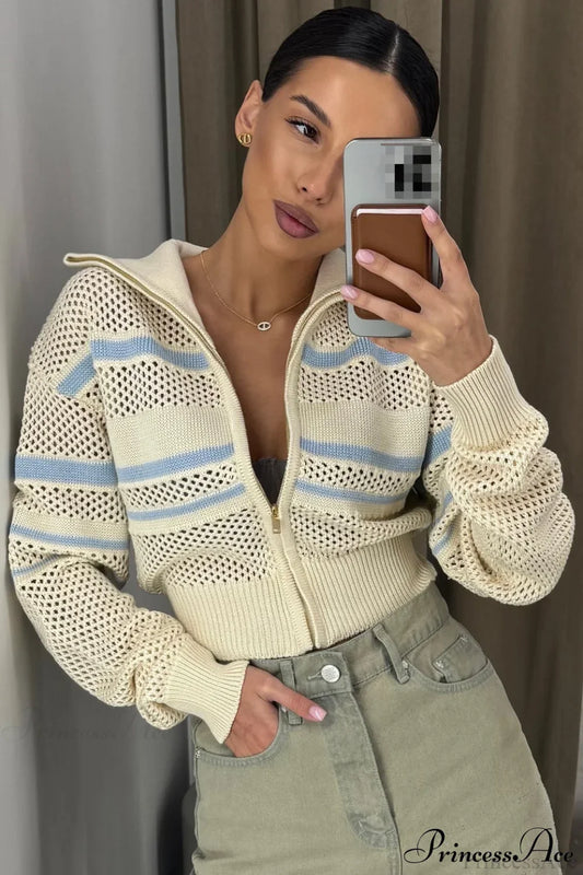 Knitted Cutout Zip Slim-Fit Design Hoodie Beige / S