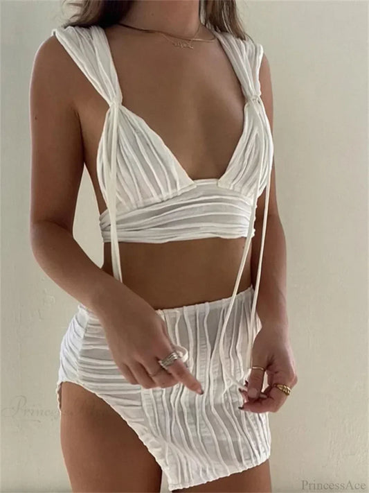 Knitted Deep V-neck Tank Crop Top High Waist Split Mini Skirt Set WHITE / S twopiecesset-250126