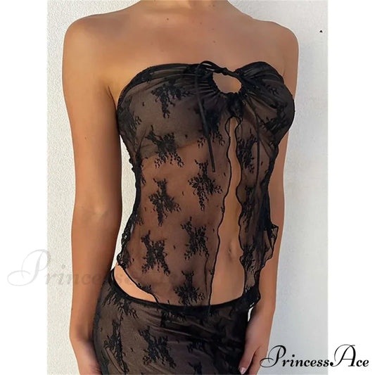 Lace Bustiers Corsets Strapless Off Shoulder Tubes Party Mesh See Through Tank Summer Mini Vest