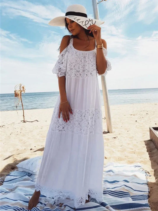 Lace Off Shoulder Bikini Cover Up WHITE / One Size