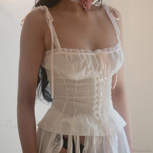 Lace Ribbon Bowknot Button-Up Slim Crop Top croptop-250126