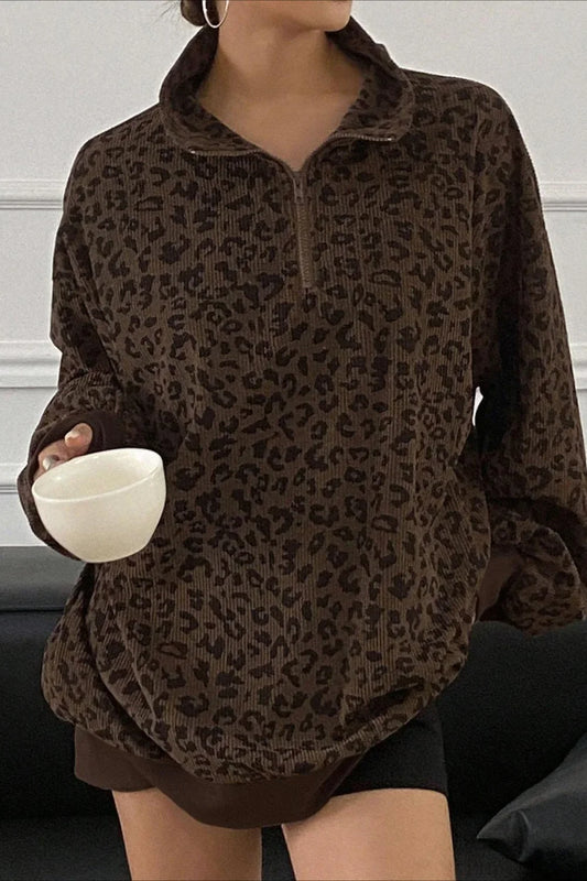 Leopard Print Half-Zip V-Neck Long Sleeve Sweatshirt Dark brown / S