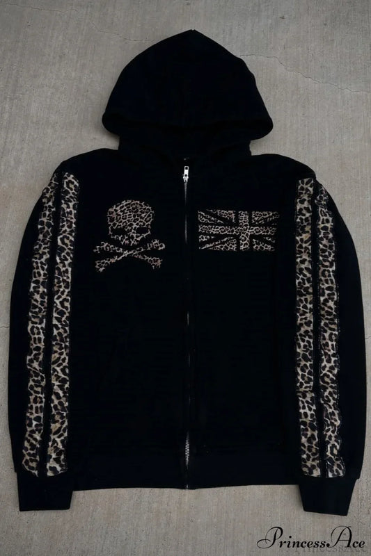 Leopard Print Y2K Street Zip-Up Hoodie Black / S