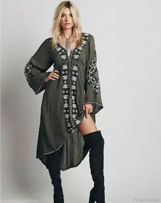 Long Sleeve Floral Embroidered Cotton Boho Dress Army green / S bohocoverup-250126