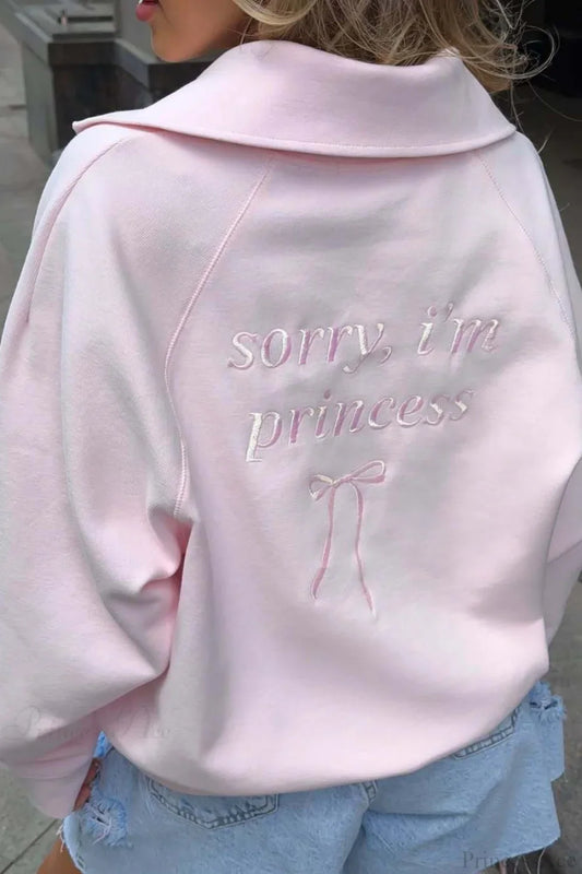 Loose Casual Letter Embroidery Half-Zip Sweatshirt Pink / S