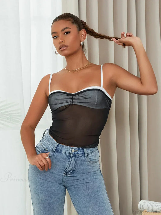 Mesh Ruched Color Patch Spaghetti Strap Crop Top BLACK1 / S croptop-250126