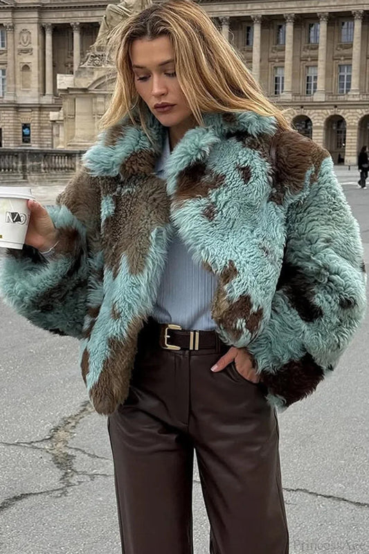 Mixed Color Printed Long Sleeve Cropped Faux Fur Coat Green / S