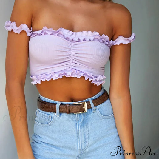New 2024 Cute Purple Off Shouler Crop Ruffles T Shirttube For Women Summer Clothes Tank Top Purple