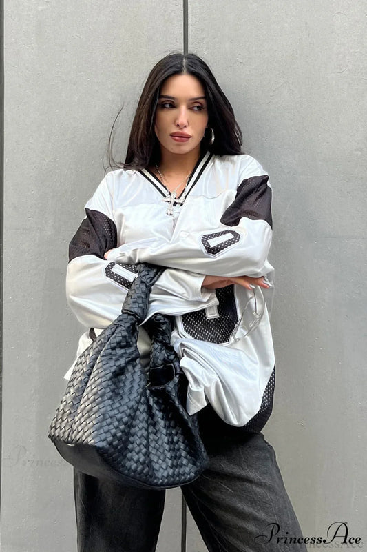 Number Print V Neck Color Block Loose Sweatshirt White / S