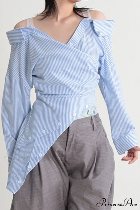Off Shoulder Striped Blouse With Irregular Long Sleeves Blue / S Blouses