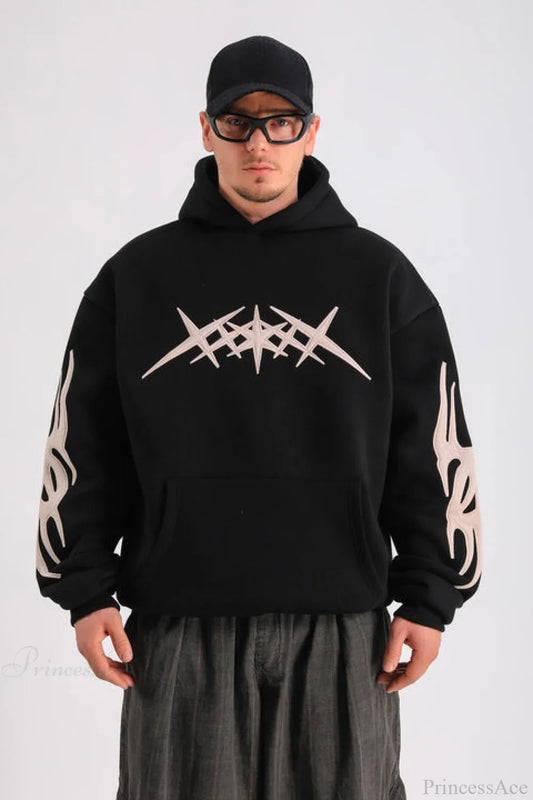 Pattern Patch Pullover Hoodie BLACK / M