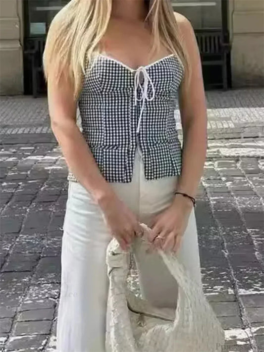 Plaid Backless Tie-up Front Split Tank Crop Top croptop-250126