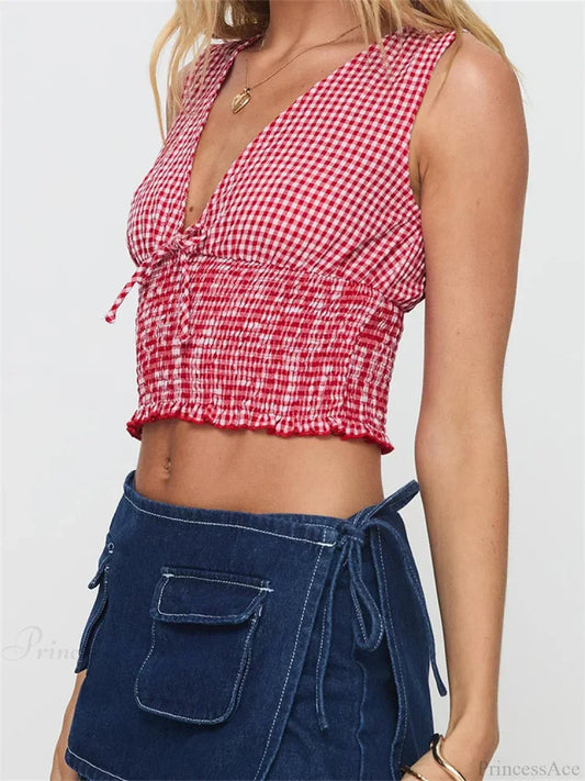 Plaid Bow Ruffle Hem Deep V-neck Crop Top croptop-250126