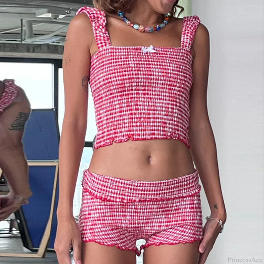 Plaid Matching Cropped Tank High Waist Shorts Two Pieces Set RED / S twopiecesset-250126